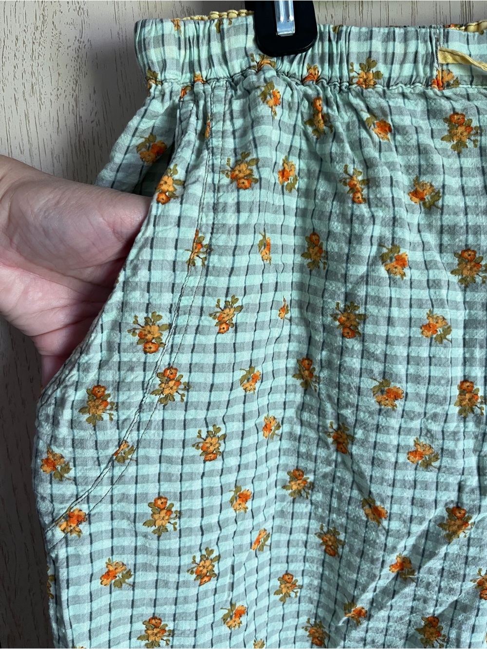 Free People On Repeat Pyjama Trousers Plaid Floral - Lime Cream Sz L - Picture 6 of 16